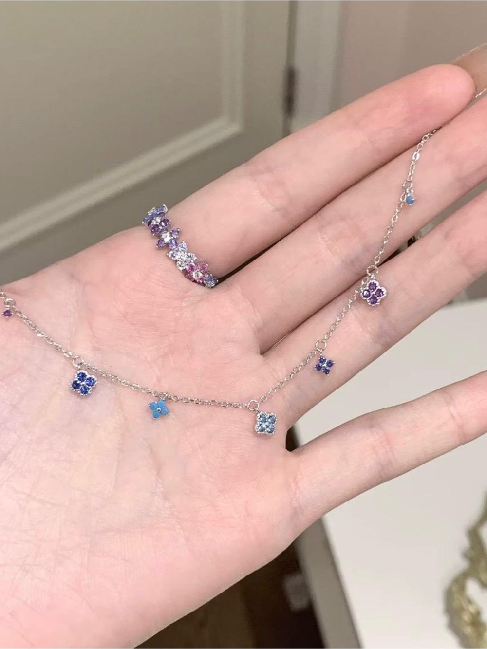 Sterling Silver Multicolor Flower Charm Necklace - Purple & Blue